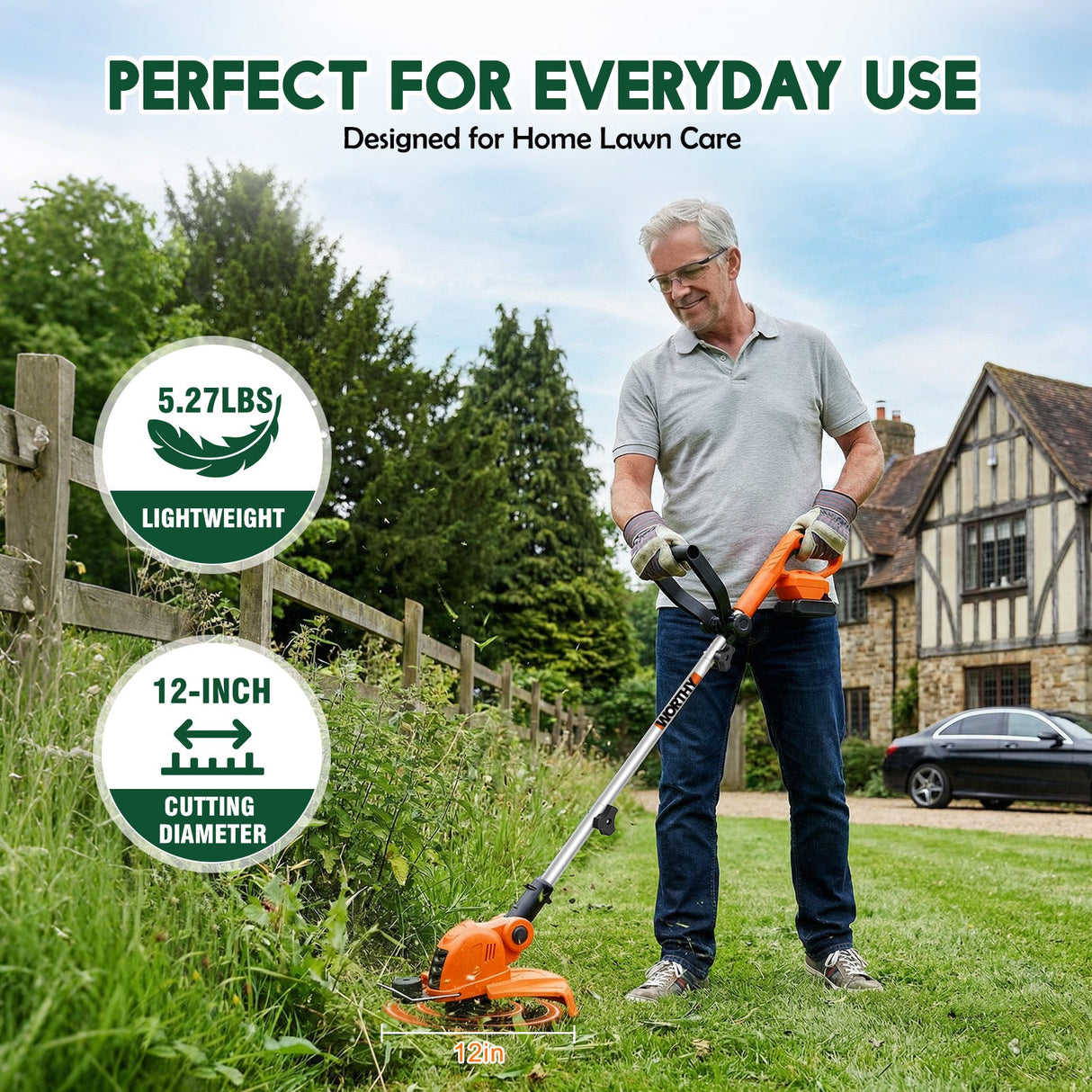 Electric Weed Eater and Edger Battery Powered Grass Cutter Lawn Tool with 12 Inch Cutting Width Two Pack 2000mAh Batteries and Charger for Small Yard
