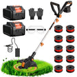 Gardening tool set with grass trimmer, batteries, gloves, goggles, and string lines on a white background.