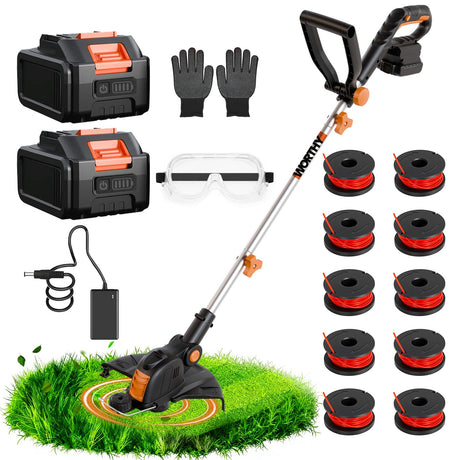 Gardening tool set with grass trimmer, batteries, gloves, goggles, and string lines on a white background.